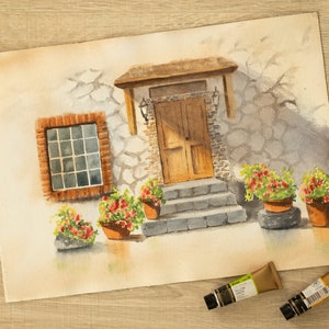 Original watercolor painting: house in Europe