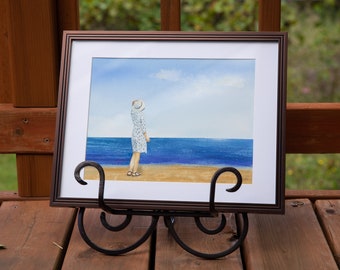 Original framed watercolor: woman at seaside