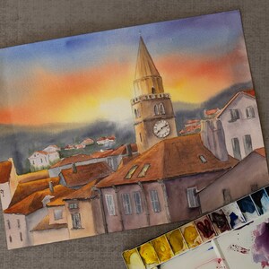 Original watercolor painting: city in Slovenia