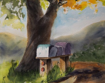 Original watercolor painting: fall scene