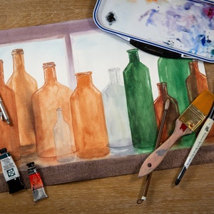 Original watercolor painting: glass bottles