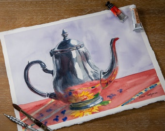 Original watercolor: vintage teapot