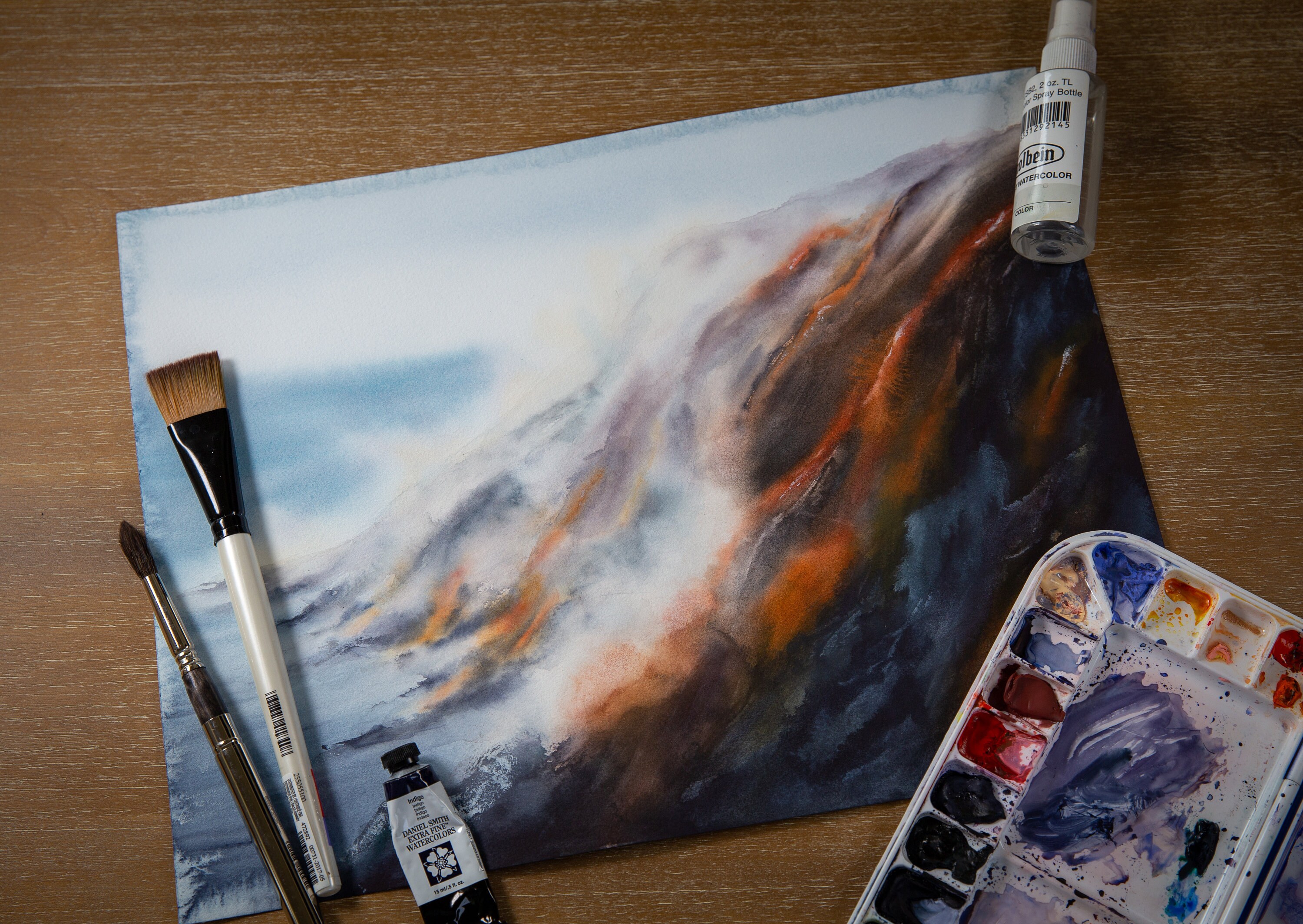 Original watercolor painting volcano eruption Etsy