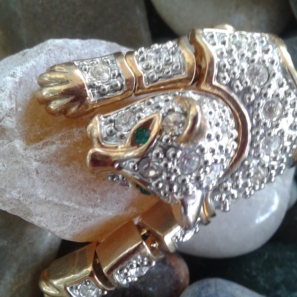 Big tiger pin Articulated 5 inches long. Silver and gold w Green emerald eyes.