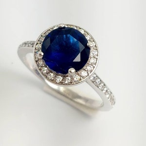 Art Deco Sapphire Halo Ring - Round Created Sapphire Ring Sterling Silver White CZ Engagement Wedding Anniversary Proposal Promise Ring