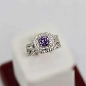 Art Deco Alexandrite Engagement Ring Set: Sterling Silver Bridal Jewelry