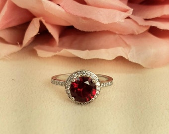 Art Deco Ruby Halo Ring - Round Simulated Ruby Sterling Silver Ring White CZ Engagement Wedding Anniversary Proposal Promise Ring