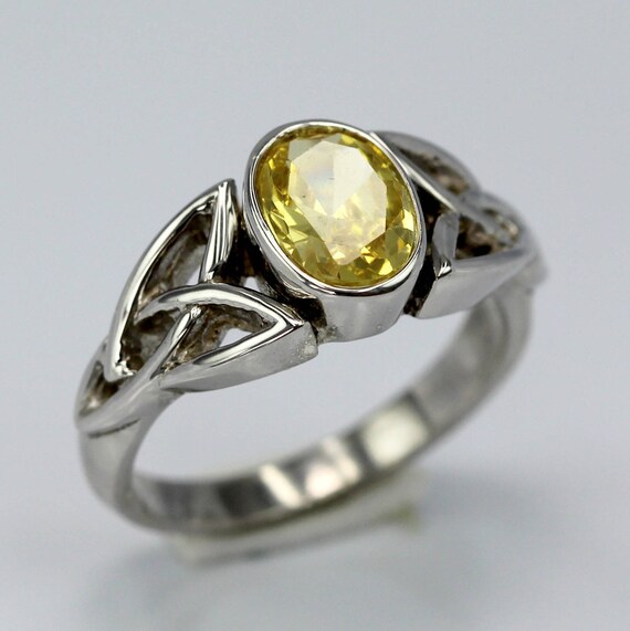 Sterling Silver Modern Beaded Celtic Trinity Knot Engagement Ring with Genuine Citrine
