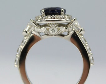 Claddagh Unique 1.25Ct. Sapphire and Diamond Sterling Silver Engagement Ring- Wedding, Anniversary, Promise, Proposal, Love and Friendship