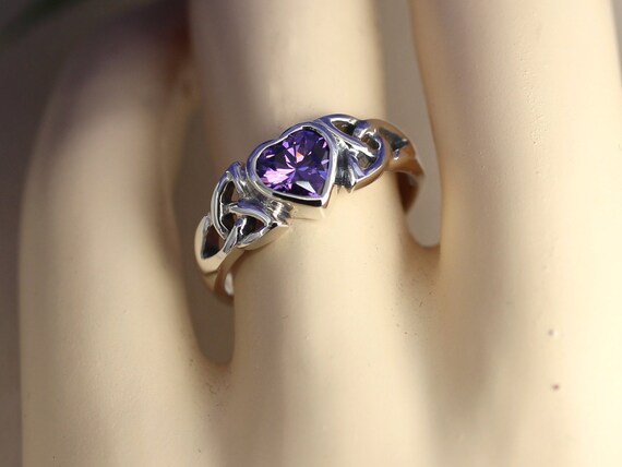 Natural Amethyst 925 Sterling Silver Celtic Knot Heart Ring