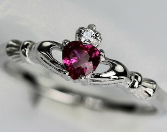 Sterling Silber Claddagh Ring: Rubin Herz, Irischer Liebesring