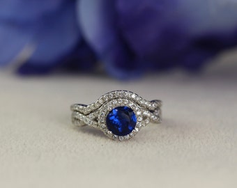 Art Deco Halo 1Ct. Sapphire and Diamond Simulant Sterling Silver Engagement Ring and Band Set- Wedding, Anniversary, Promise, Proposal, Love