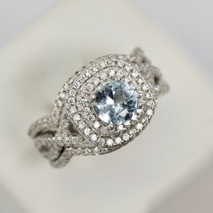 Art Deco Aquamarine Engagement Ring Set: Simulated Diamond, Sterling Silver