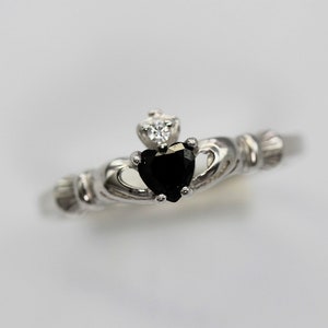 Mini Sterling Silver Claddagh Ring: Black Diamond Simulant Heart