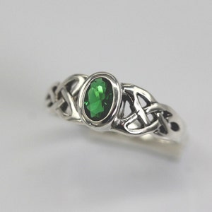 Celtic Knot Sterling Silver Ring: Simulated Emerald Engagement Ring