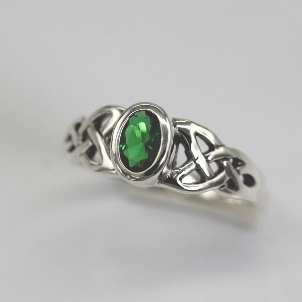 Celtic Double Knot 0.35Ct. Amy1 Emerald Simulant Bezel Set St. Silver Engagement Ring- Wedding, Anniversary,Promise,Proposal,Friendship,Love