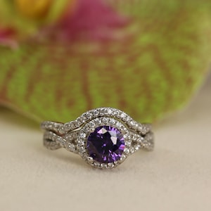 Art Deco 1Ct Amethyst Sterling Silver Engagement Ring Set