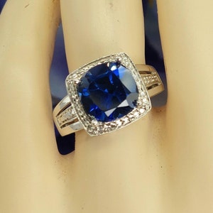 Art Deco Cushion Cut Lab Sapphire Ring: Sterling Silver, Size 7 1/4