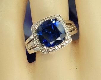 Art Deco Cushion Cut Sapphire Engagement Ring US SIZE 7 1/4- Engagement, Wedding, Anniversary, Proposal, Promise, Love and Friendship Gift