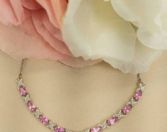 ピンクトパーズXOネックレス：スターリングシルバーラブ＆キッス、17