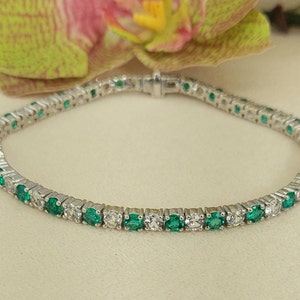 Emerald and Diamond Simulants Sterling Silver Tennis Bracelet-Valentine Day Gift, Anniversary, Wedding, Engagement Birthday, Graduation Gift