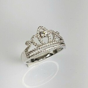 Diamond Simulant Crown Ring: Sterling Silver Filigree Promise Ring, US Size 8