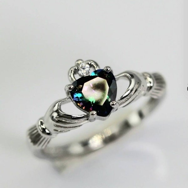 Claddagh Sterling Silver Ring With Mystic Topaz and Simulated Diamond- Love and Friendship, Engagement, Promise, Proposal, Valentine