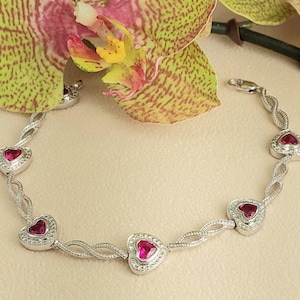 Ruby Heart and Sterling Silver Bracelet- Valentine gift, Anniversary, Birthday, Love and Friendship