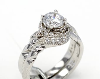 Art Deco Simulated Diamond Sterling Silver Engagement Ring Set - Size 6 1/2