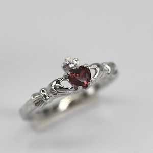 Mini Claddagh Irish Sterling Silver with Garnet Love and Friendship Ring- Engagement, Wedding, Proposal, Birthday, Friendship, Love, Promise