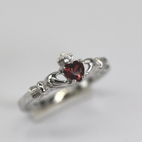 Mini Claddagh Irish Sterling Silver with Garnet Love and Friendship Ring- Engagement, Wedding, Proposal, Birthday, Friendship, Love, Promise