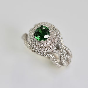 Art Deco 1.00ct. Emerald and Diamond Melanie 3 Piece Sterling Silver Engagement Ring Set- Wedding, Anniversary, Bridal, Promise, Proposal