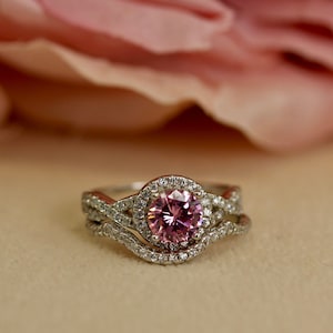 Art Deco Pink Topaz Sterling Silver Engagement Ring Set