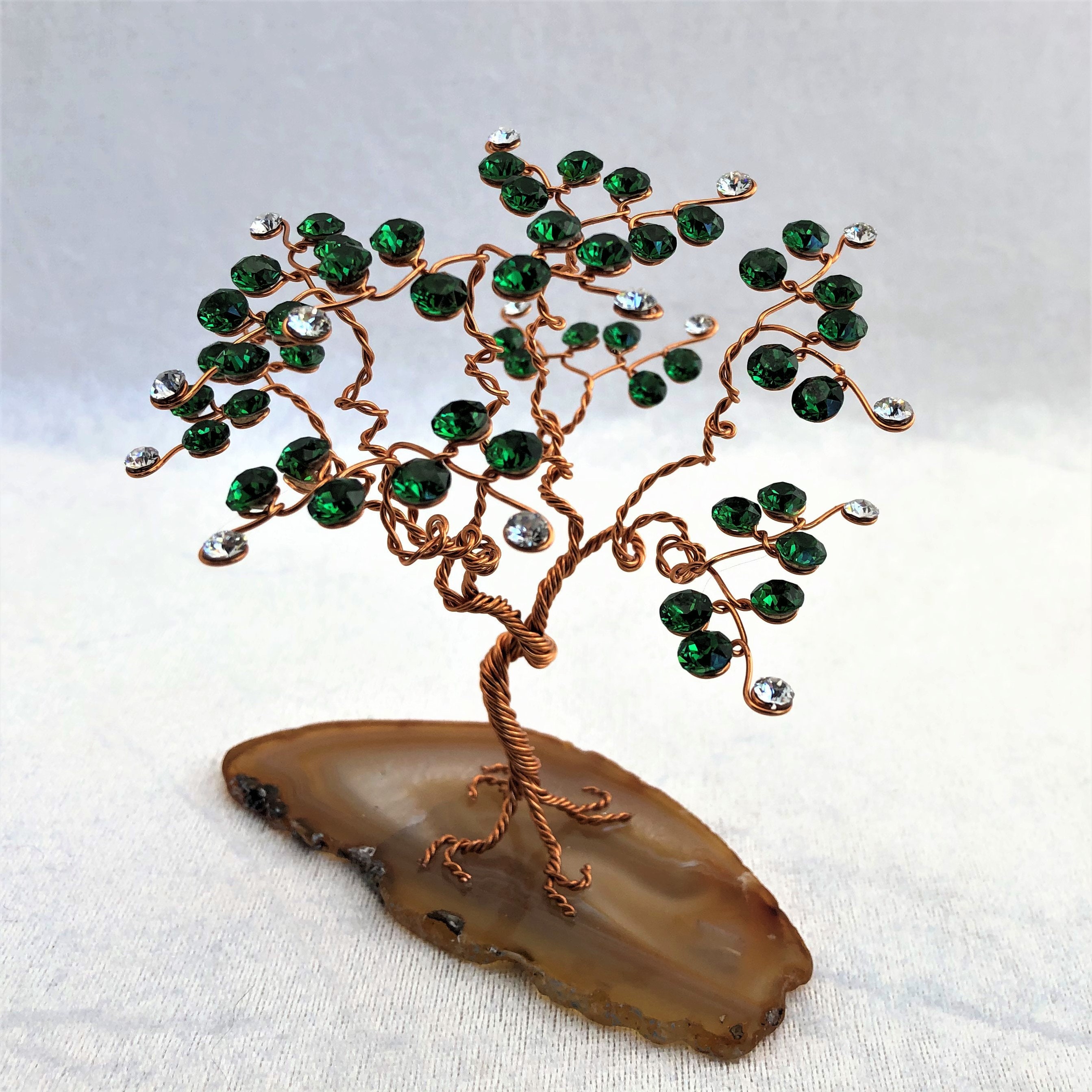Arbre de Vie 10 cm en Cristal Swarovski® Vert et Blanc, Cuivre Agate