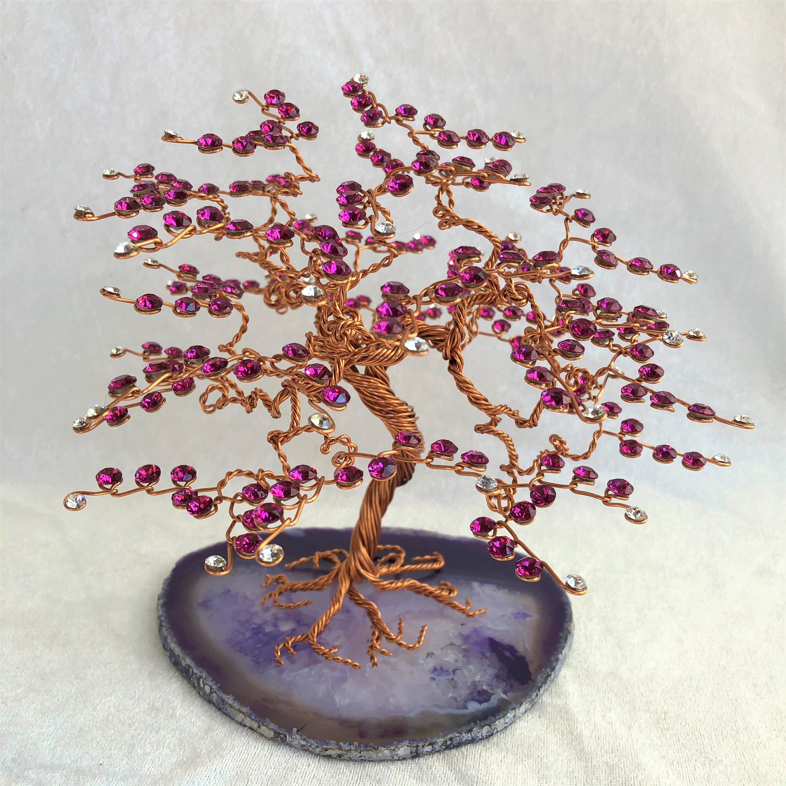 Arbre de Vie en Cristal Swarovski, Cuivre et Agate Fuschia, Swarovskitree, Coppertree, Wiretree