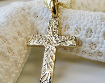 14 Karat Solid Gold Maile Cross Pendant | Hawaiian Heirloom | Plumeria & Maile Design | Bail Included | Fine Jewelry | Made in Hawai'i