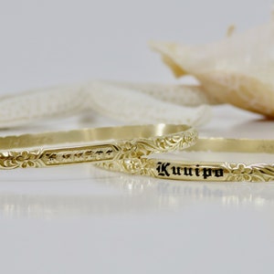 14 Karat Solid Gold 4MM Personalized, Sculpted Plumeria Bangle | Hawaiian Heirloom | Made in Hawai&#39;i | Fine Jewelry