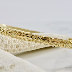 14 Karat Gold 5MM Sculpted Plumeria Bangle | Hawaiian Heirloom | Frangipani Flower | Scrolling & Leaf Motif | Fine Jewelry | Made in Hawai&#39;i