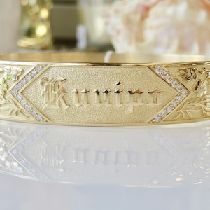 14 Karat Gold 15MM Personalized Cherry Blossom Bangle with Diamond Chevron | Hawaiian Heirloom | Fine Jewelry | Made in Hawai&#39;i |
