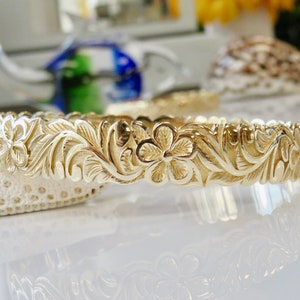 14 Karat Solid Gold 12MM Personalized, Sculpted Plumeria Bangle | Hawaiian Heirloom | Fine Jewelry | Made in Hawai&#39;i