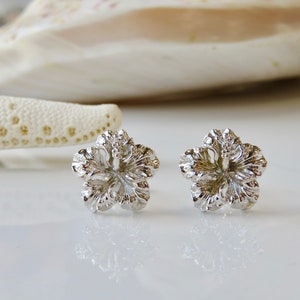 May include: A pair of silver hibiscus flower stud earrings. The earrings are small and delicate, with a detailed design.