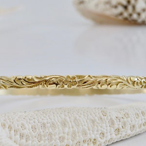 14 Karat Gold 4MM Sculpted Plumeria Bangle | Hawaiian Heirloom | Frangipani Flower | Scrolling & Leaf Motif | Fine Jewelry | Made in Hawai&#39;i