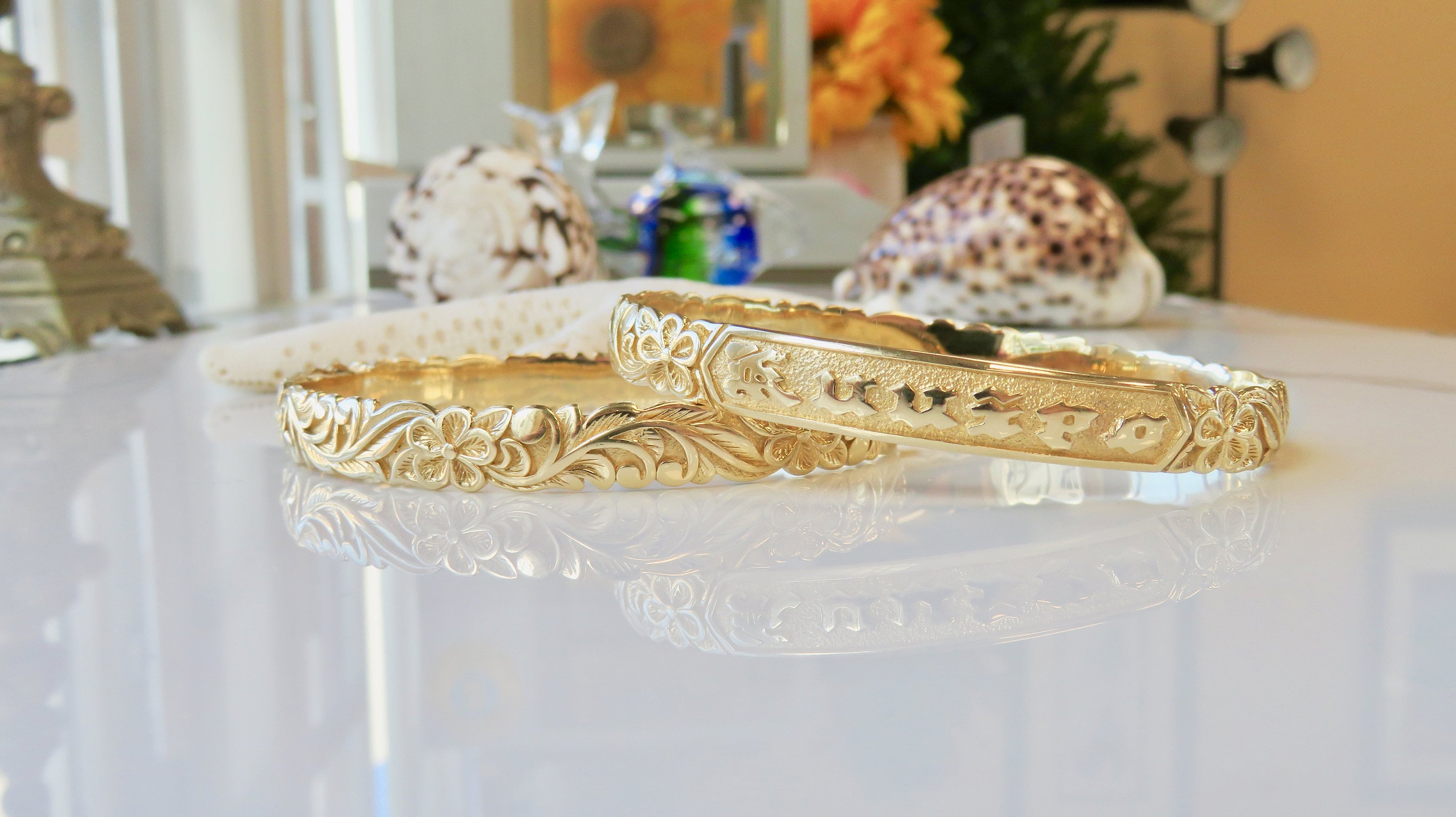 14 Karat Solid Gold 8MM Personalized, Sculpted Plumeria Bangle