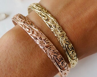 14 Karat Solid Gold 8MM Hibiscus Flower Bangle | Hawaiian Heirloom