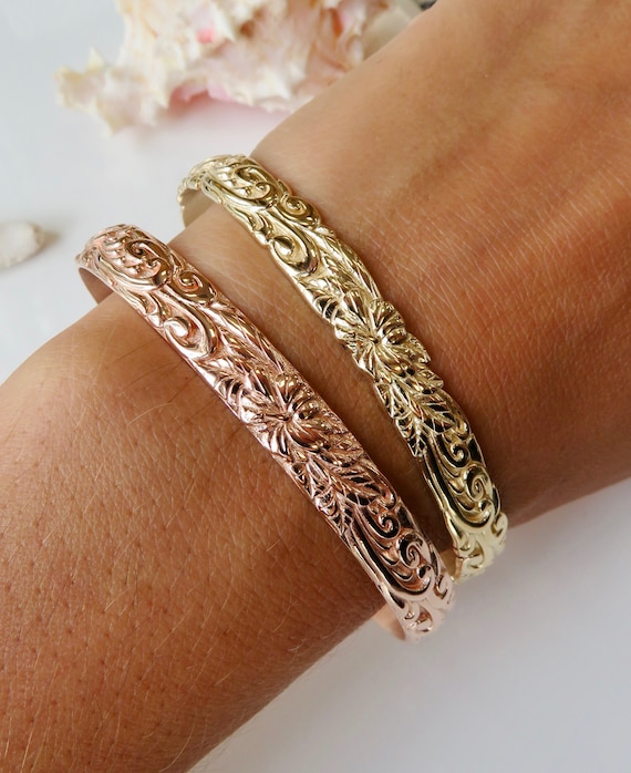 14 Karat Solid Gold 8MM Hibiscus Flower Bangle | Hawaiian Heirloom