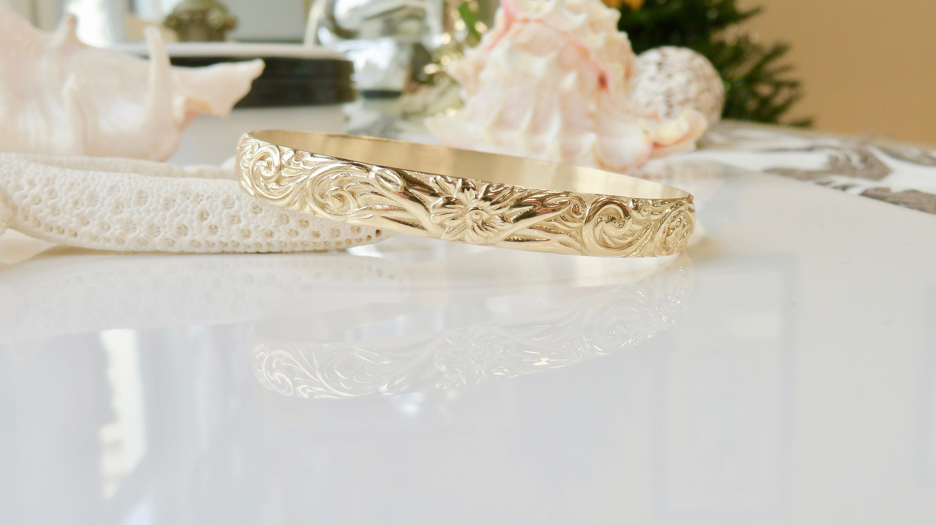 14 Karat Solid Gold 8MM Personalized Orchid Flower Bangle