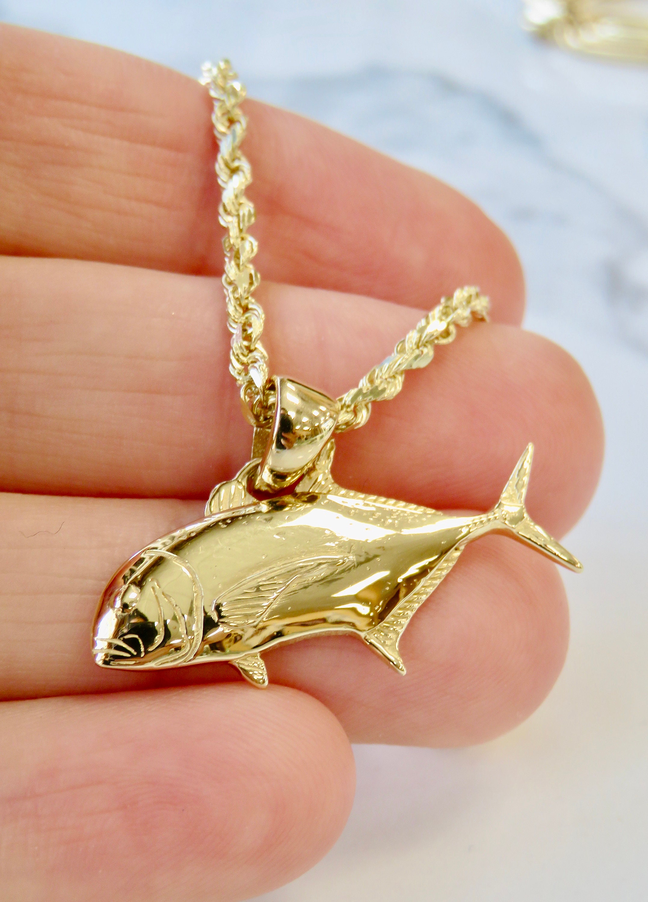 14 Karat Solid Gold Ulua Pendant | Giant Trevally Fish | Jack Fish | Fisherman Pendant | Ocean Inspired | Fine Jewelry | Made in Hawai'i