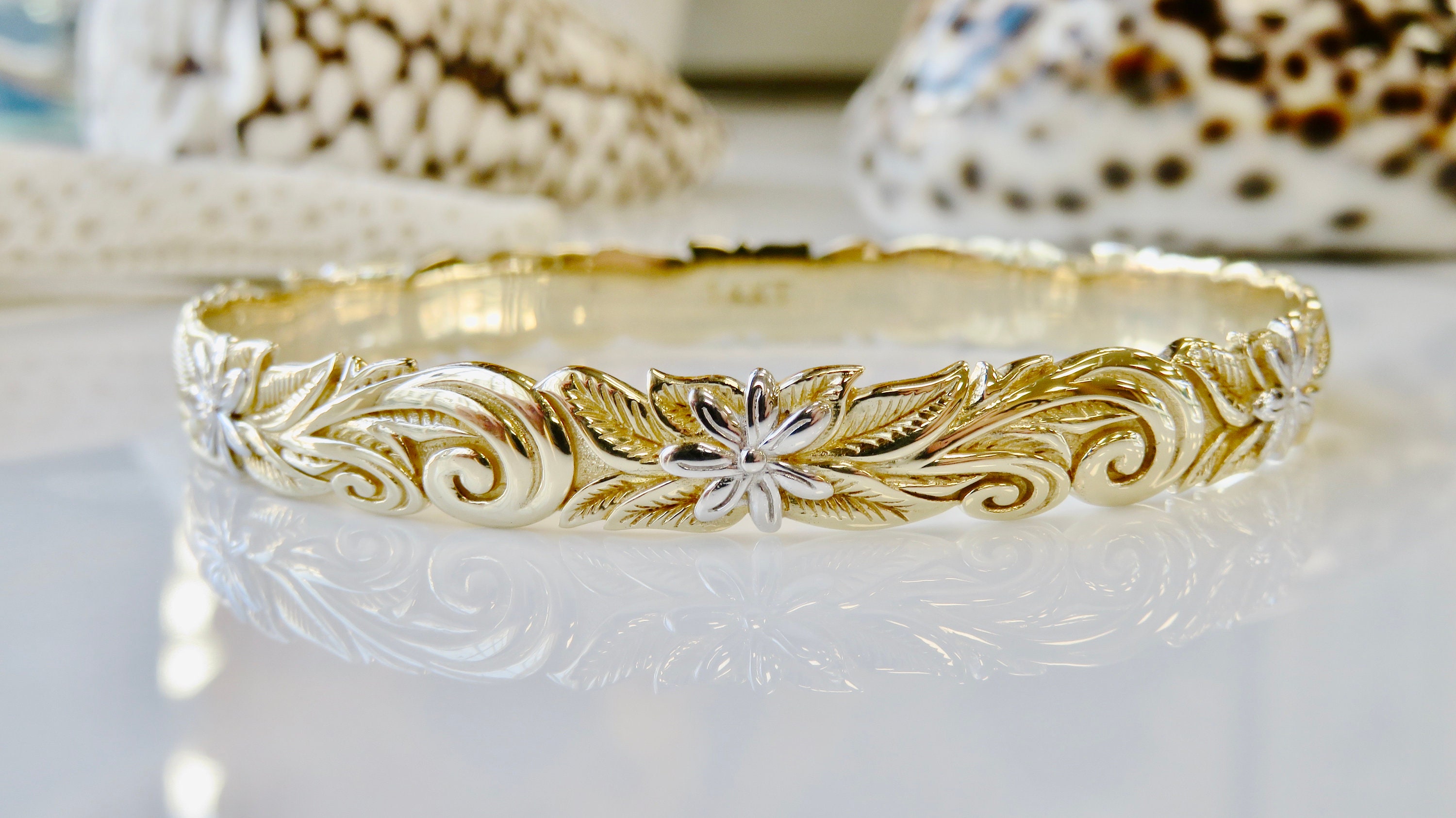14 Karat Solid Gold 8MM Personalized, Tiare Flower Bangle