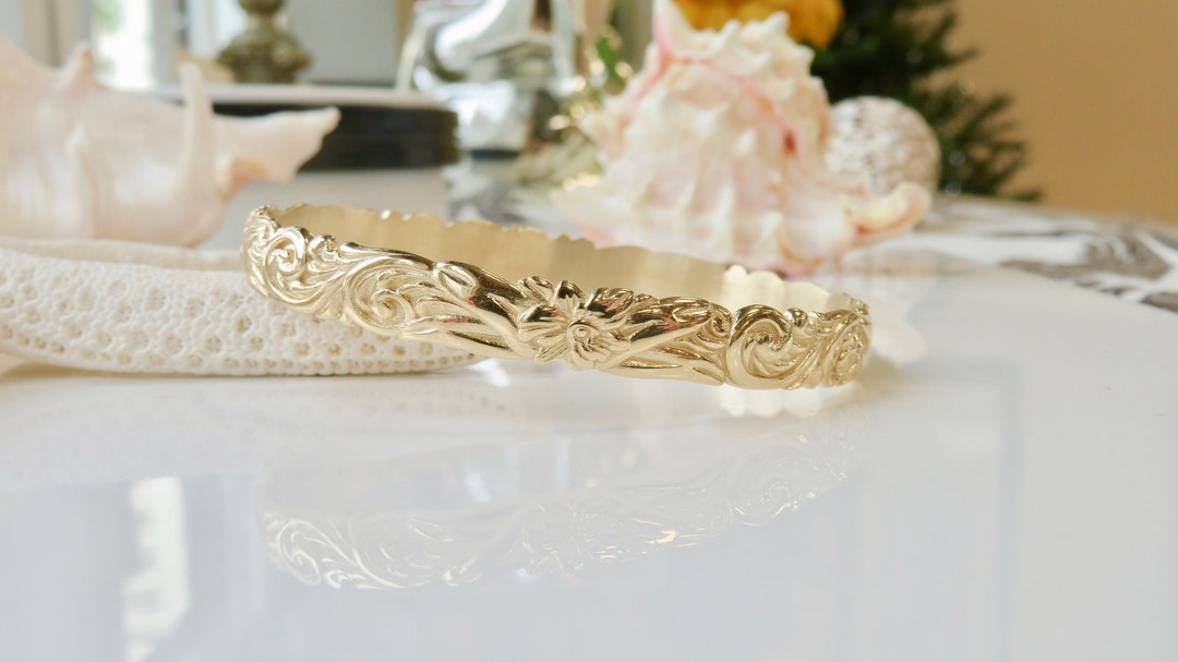 14 Karat Solid Gold 8MM Personalized, Cutout Orchid Flower Bangle