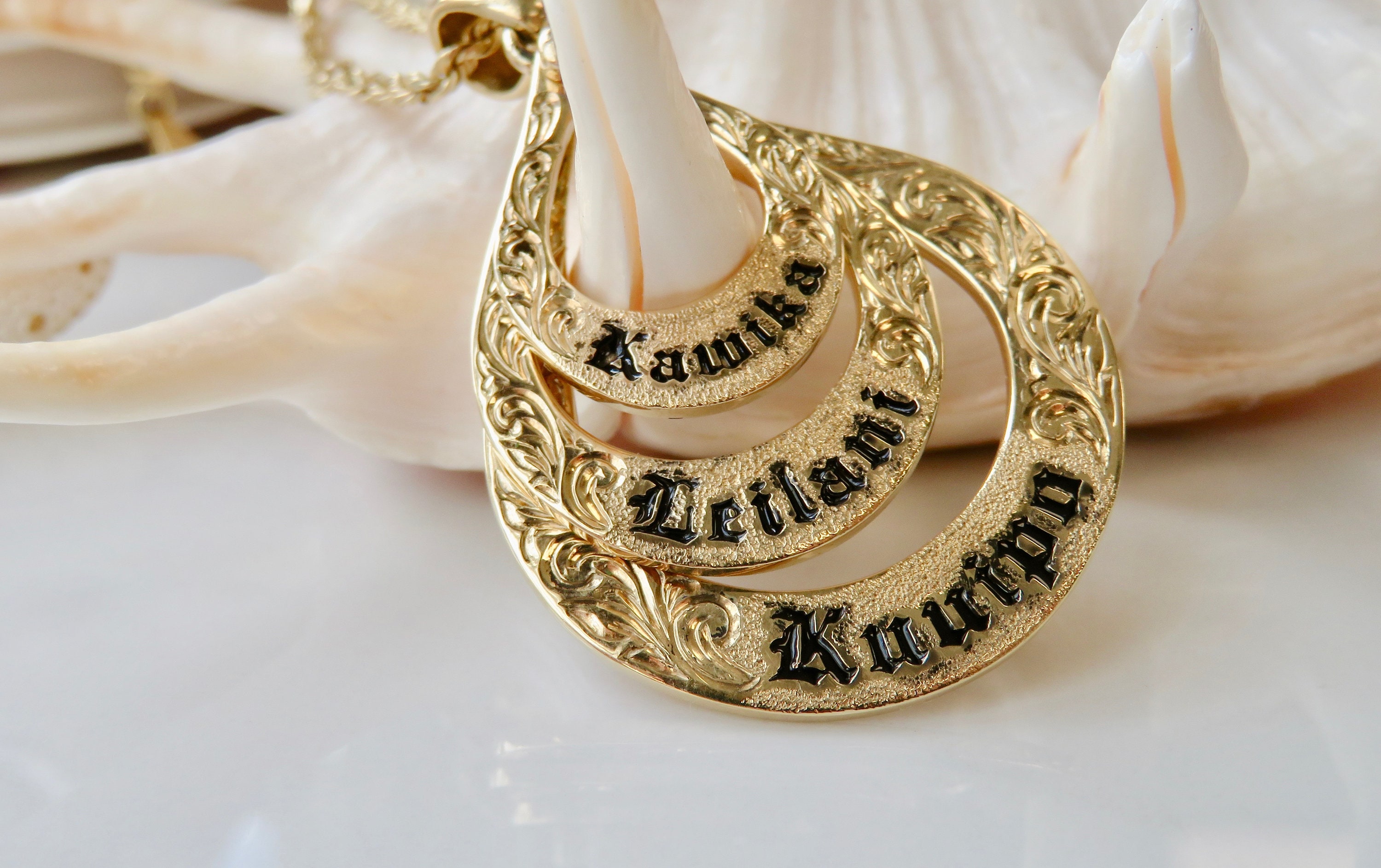 14 Karat Gold Personalized Three Teardrop Hoop Pendant Hawaiian